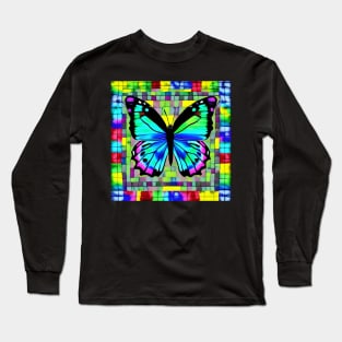 Mosaic Butterfly Psychedelic Grid Game Board Gift Mom Long Sleeve T-Shirt